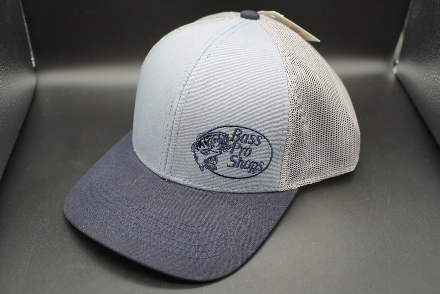 Bass Pro Shops Off-Center Logo Mesh-Back Cap - Blue/Grey/Navy (embroidered logo)