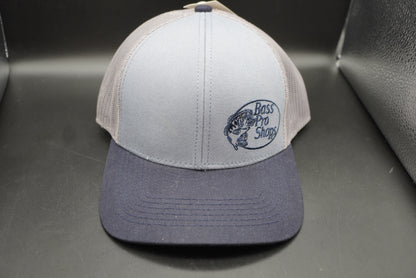 Bass Pro Shops Off-Center Logo Mesh-Back Cap - Blue/Grey/Navy (embroidered logo)