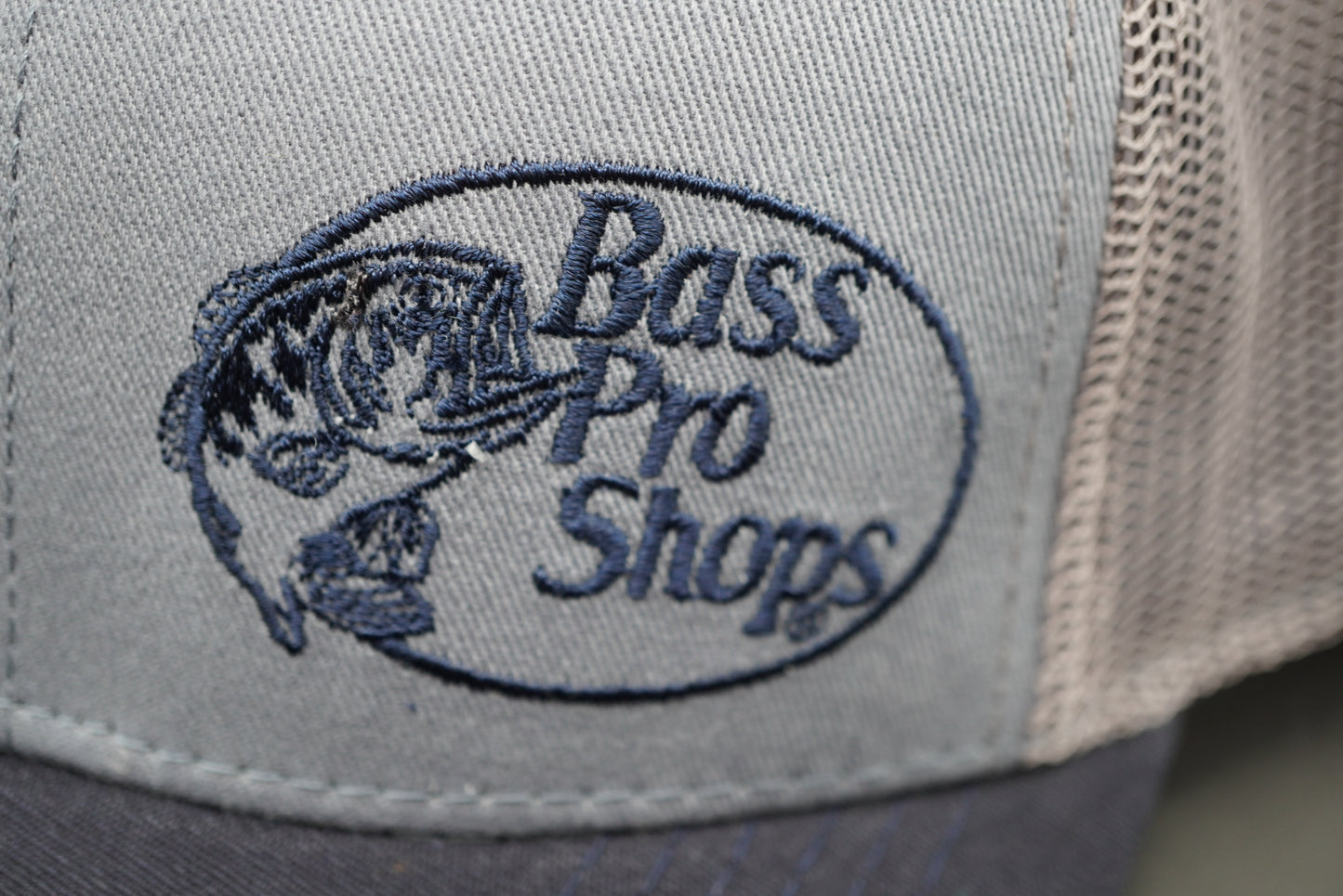 Bass Pro Shops Off-Center Logo Mesh-Back Cap - Blue/Grey/Navy (embroidered logo)